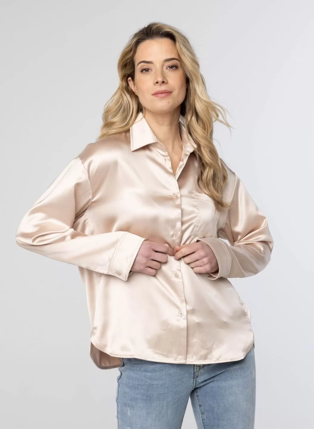 Blouses-Norah Glanzende Ecru Blouse Beige