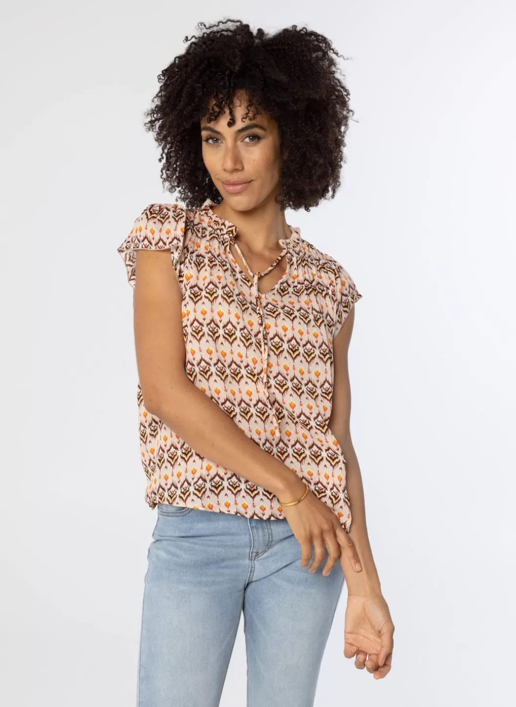 Blouses-Norah Meerkleurige Blouse Met Korte Mouwen Beige